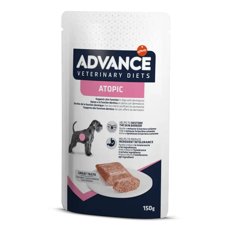 🐾 ADVANCE Adulto Atopic | Comida húmeda veterinaria para perros con piel sensible | Pack de 8 x 150 g