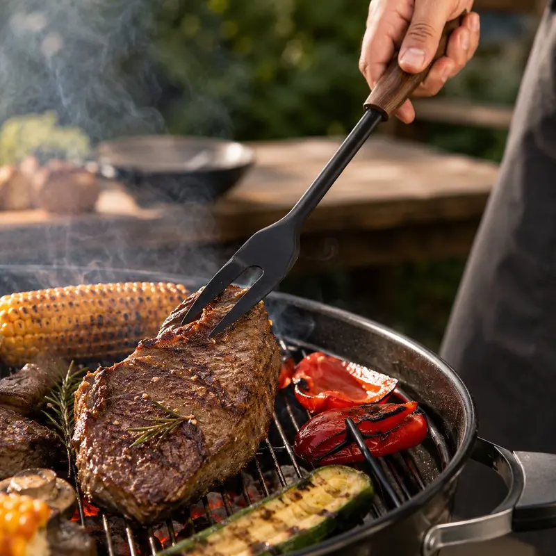 Alpina vleesvork 29 cm – vleesprikker – bbq vork - rvs met houten handgreep
