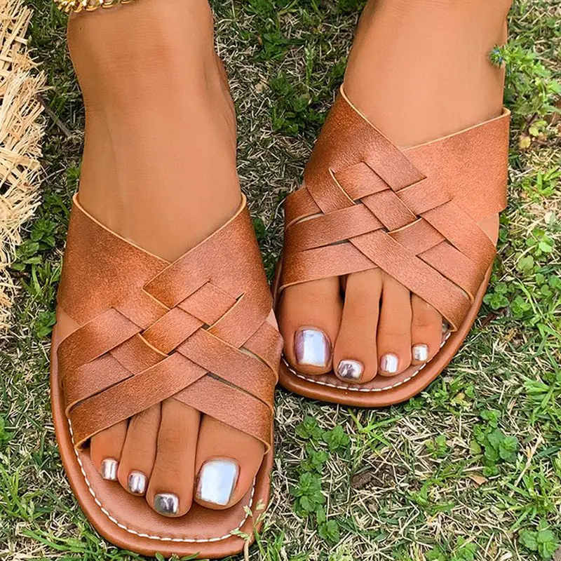 Ana Crossed Woven Flat Slippers