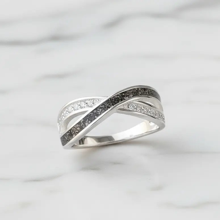Anillo con Cenizas de Mascota en Banda Cruzada y Circonitas