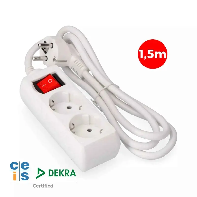 Base Múltiple 2 Tomas 2P+T con Interruptor Luminoso 16A 250V 1.5m de Cable H05VV-F 3 G 1,5 mm²