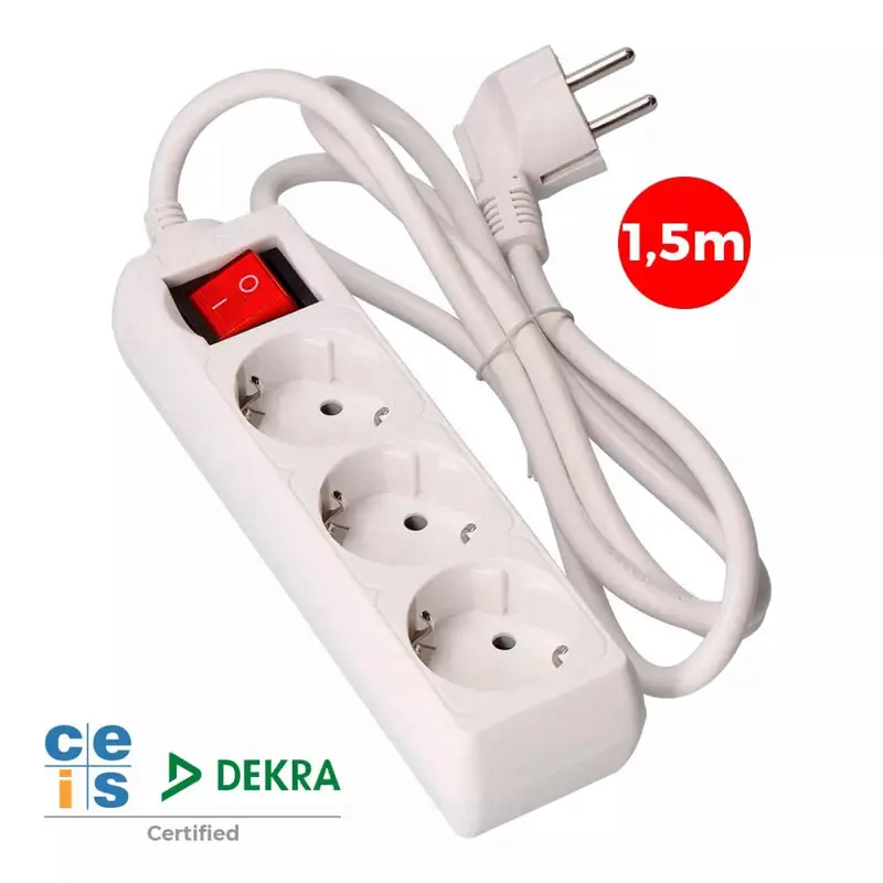 Base Múltiple 3 Tomas 2P+T con Interruptor Luminoso 16A 250V Cable 1,5 m H05VV-F 3G1,5 mm²