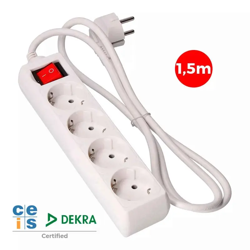Base Múltiple 4 Tomas 2P+T con Interruptor Luminoso 16A 250V 1.5m de Cable H05VV-F 3 G 1,5 mm²