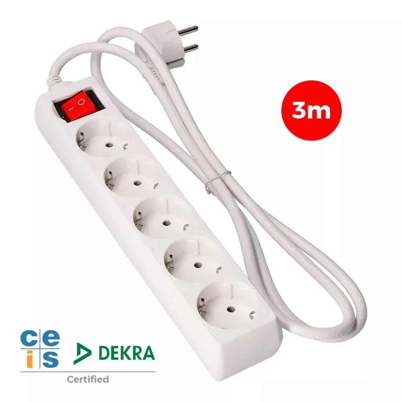 Base Múltiple 5 Tomas 2P+T con Interruptor Luminoso 3m de Cable H05VV-F 3G1,5 mm²