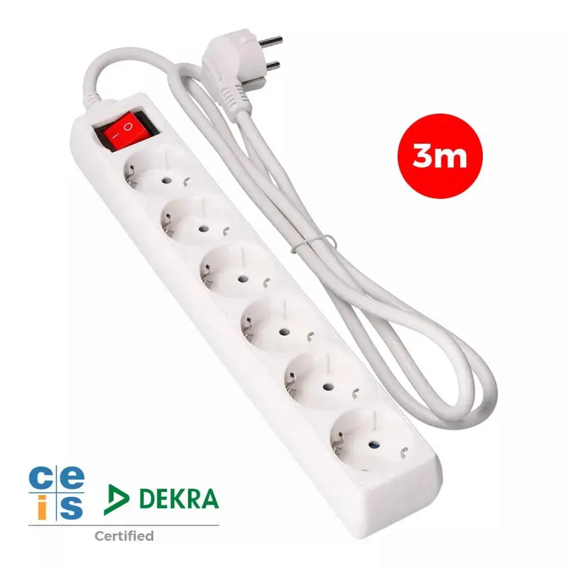Base Múltiple 6 Tomas 2P+T con Interruptor Luminoso H05VV-F 3G1,5 mm² - 3m de Cable