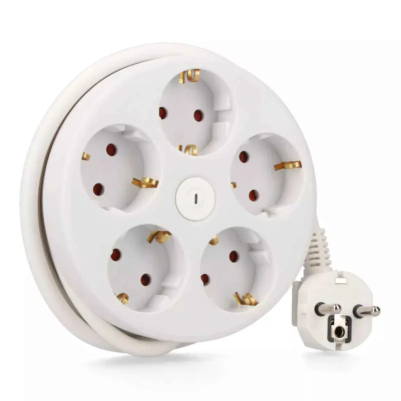 Base Múltiple Redonda 5 Tomas Schuko 2P+T con Interruptor 16A 250V 1,5 m de Cable H05VV-F 3G1,5 mm²