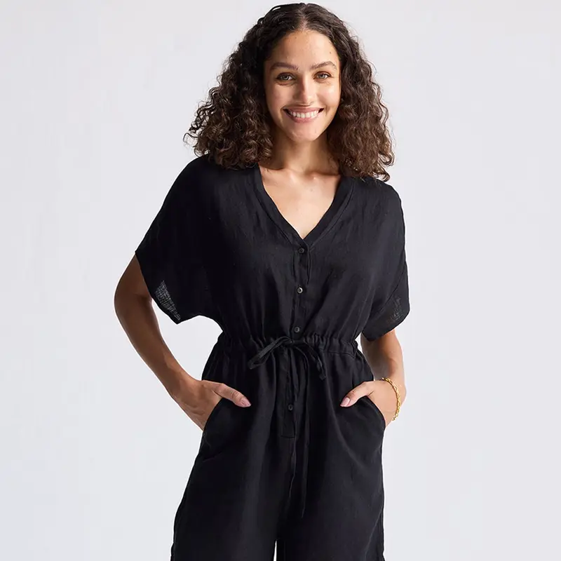 Black Drawstring V-Neck Summer Romper