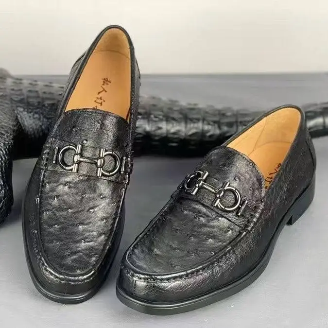 Black Ostrich Leather Loafers