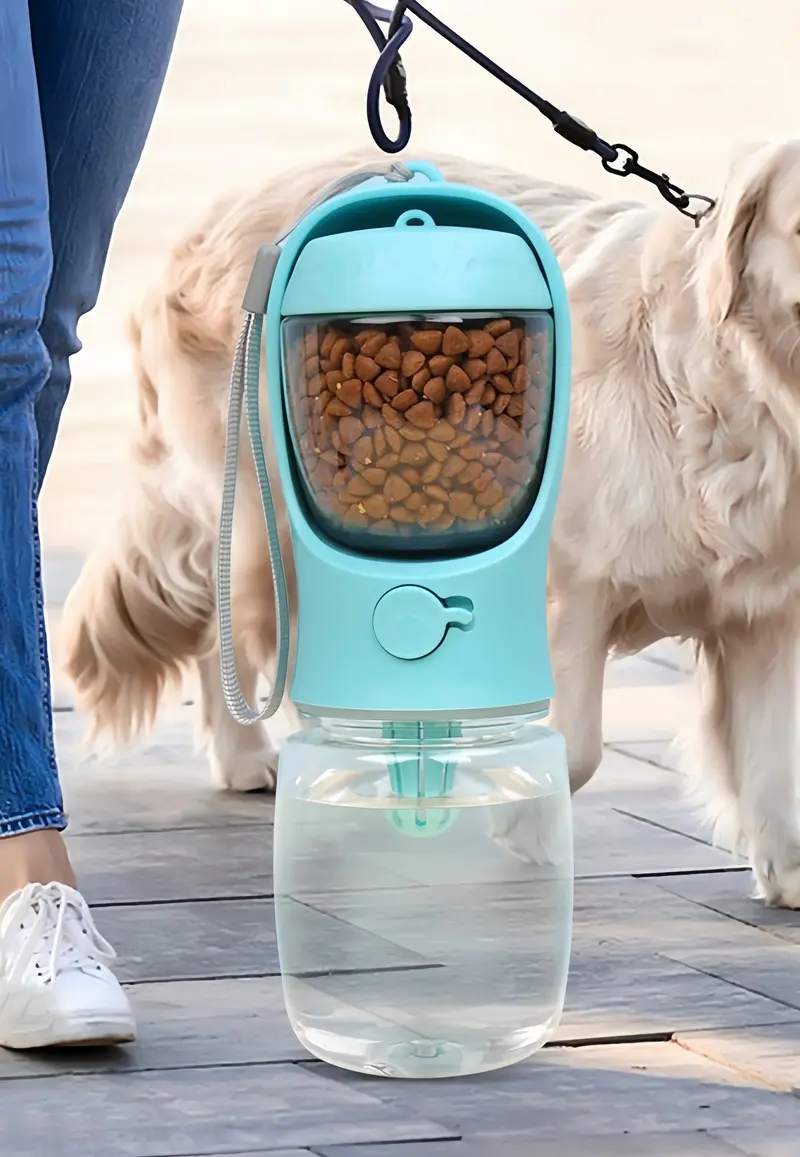 Botella Portátil 3 en 1 de Agua y Comida para Perros y Gatos · A Prueba de Fugas