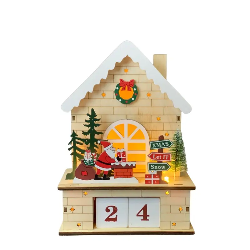 Calendario natalizio con Babbo Natale e luci in legno