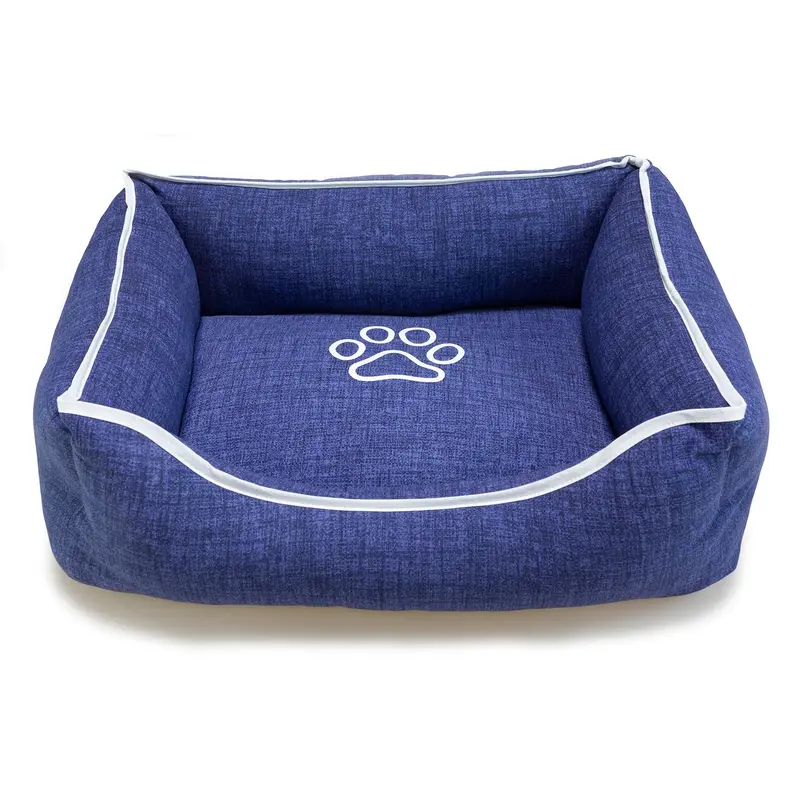 Cama cuadrada azul con huella y ribete