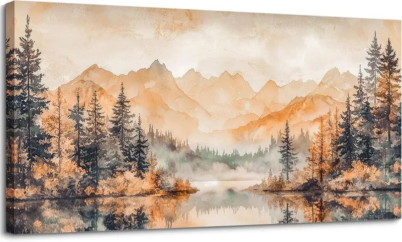 Canvas Wall Art 20x40 Inches Misty Forest Gold Lake Landscape
