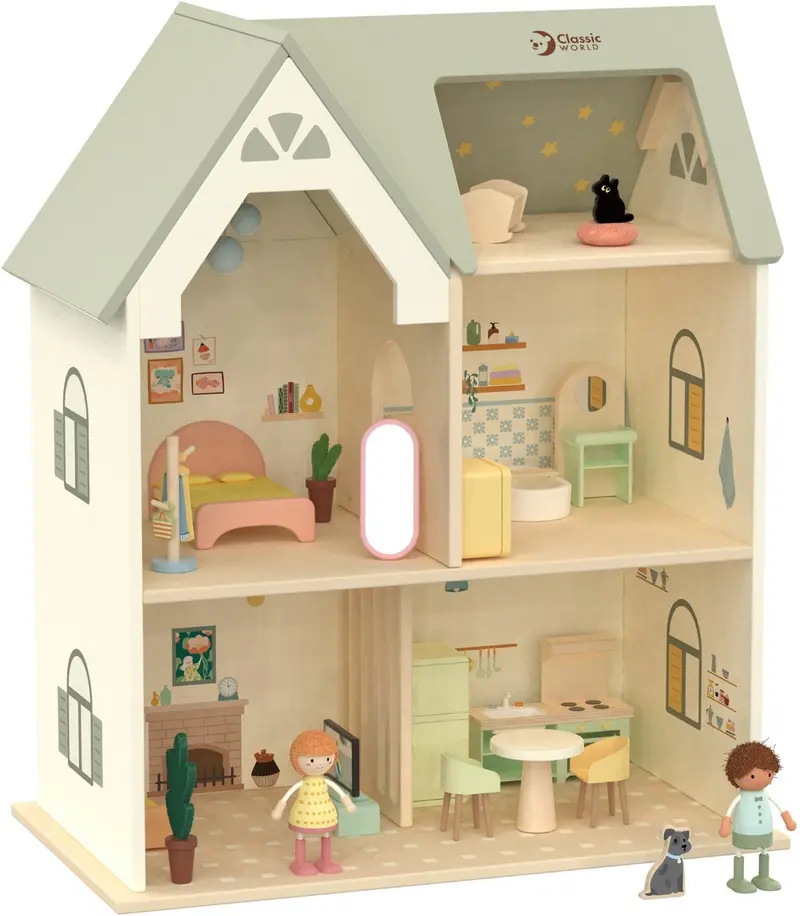 Classic world houten poppenhuis cottage met meubels en accessoires.