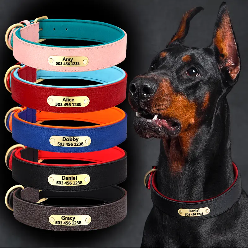 Collar con grabado personalizado para perro, acolchado de cuero, con placa de identificación personalizada, 2 capas, para perros pequeños y grandes, Pitbull