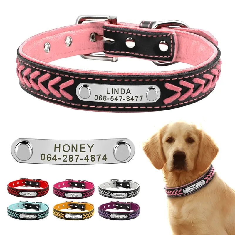Collar de cuero personalizado para perros, medianos y grandes, accesorio trenzado y plateado con nombre, etiquetas de identificación para mascotas.