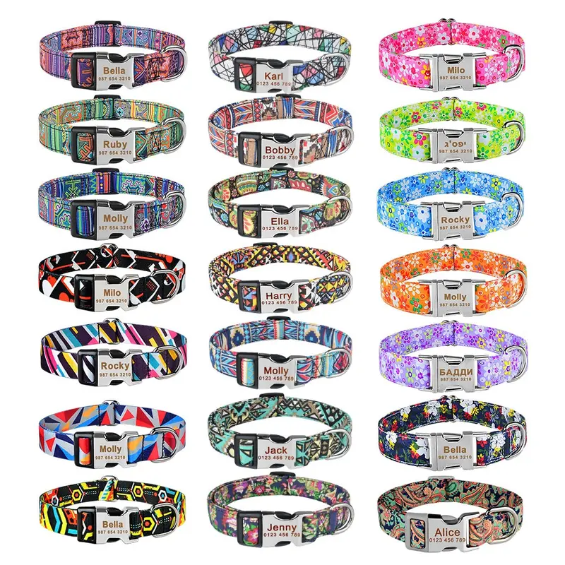 Collar de nailon ajustable y personalizado para perro. Etiqueta de Identificación y nombre grabado gratis.