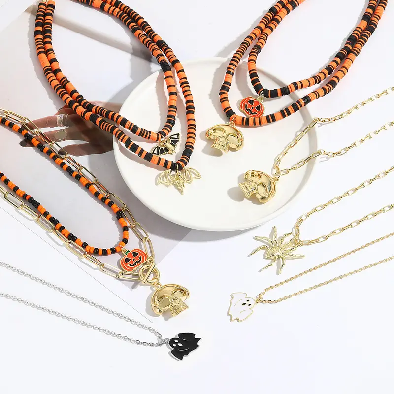 Collar Halloween con Colgante de Murciélago, Calabaza, Fantasma y Araña – Aleación de Zinc Galvanizada