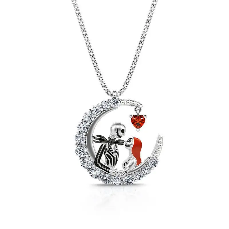 Collar Luna y Calavera con Brillantes – Aleación Galvanizada Unisex Estilo Gótico