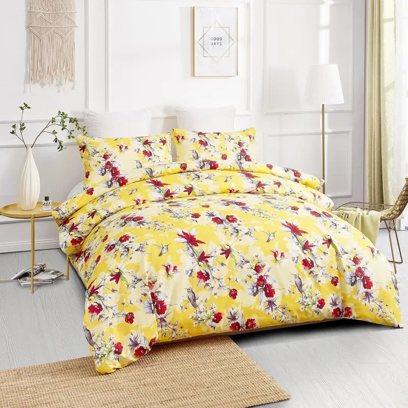 DaDa Bedding Sunshine Yellow Hummingbirds Floral Duvet Cover Set w/ Pillow Cases (JHW-925)