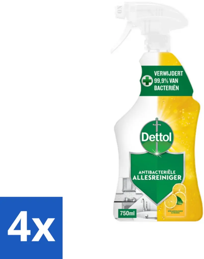 Dettol 4 x antibacteriële allesreiniger spray sprankelende citroen 750 ml - allesreiniger - schoonmaakspray - citroen - hygiëne - keukenreiniger