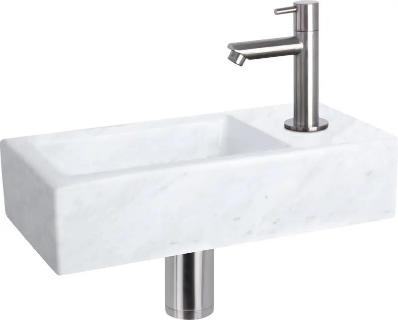 Differnz helios fonteinset - 37.5x18.5x9.5cm - rechthoek - 1 kraangat - recht matte chromen kraan - mineraalsteen marmer