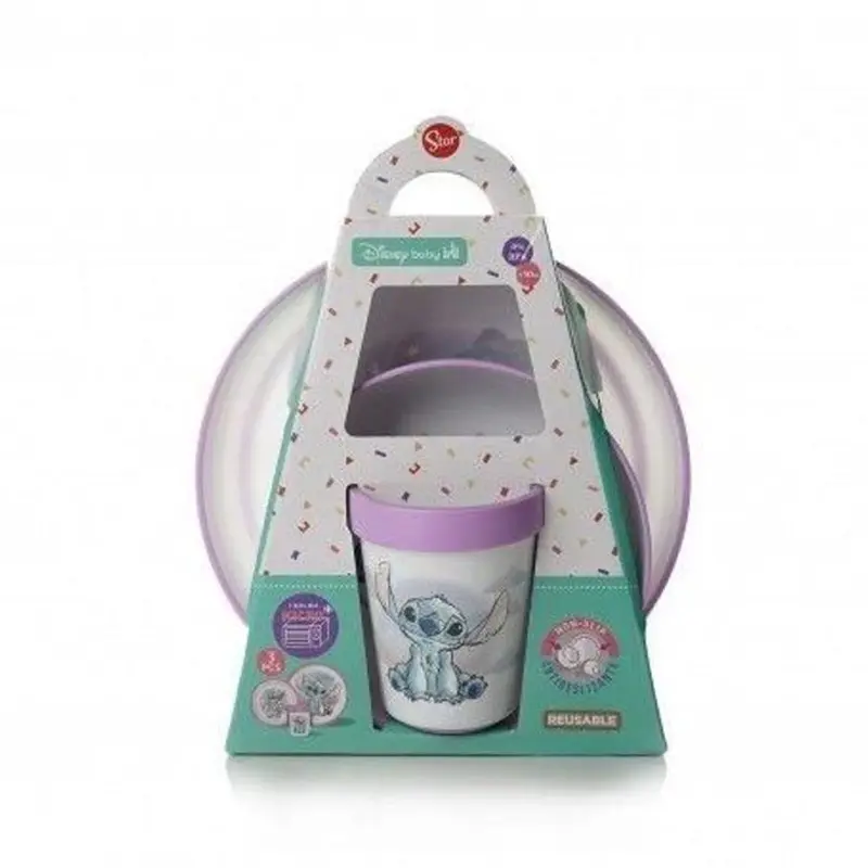 Disney baby lilo en stitch - paars en wit - 3-delige lunchbox met anti-slip beker + kom + bord