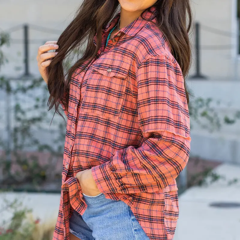 Distressed Plaid Split Hem Shirt