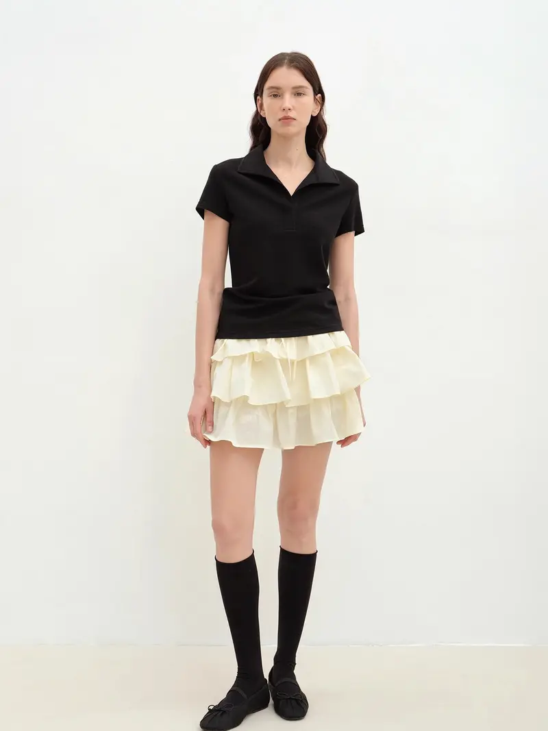 "Dublin" Lapel Straight Shoulder Slim Fit Short Sleeve T-shirt Tops Women