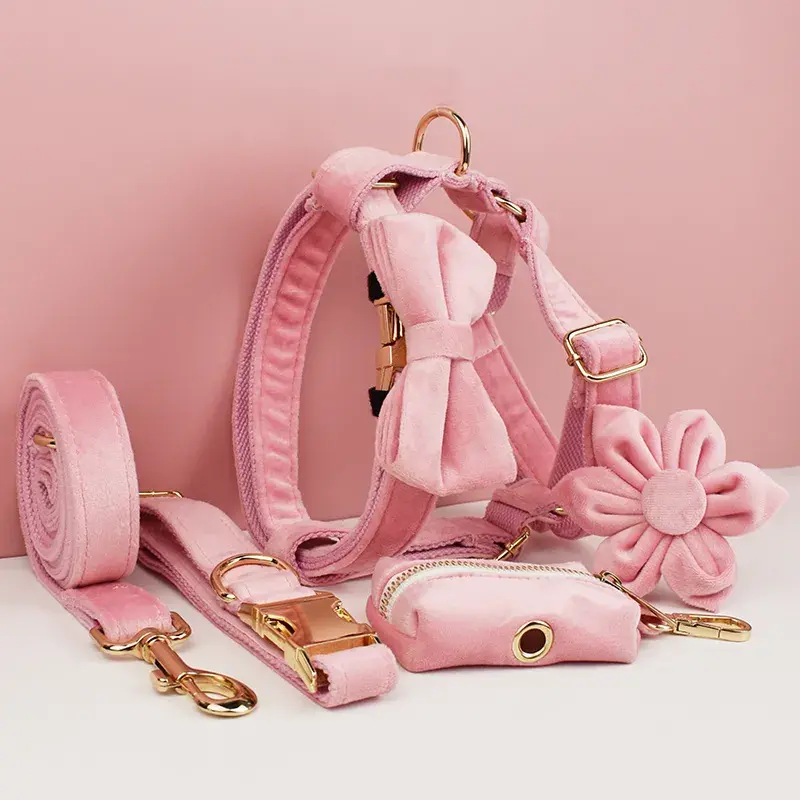 ¡Elegancia y Seguridad en un Solo Collar! Descubre Nuestro Collar y Correa de Terciopelo Rosa con Placa de Identificación Grabada para Perros de Todas las Tallas.