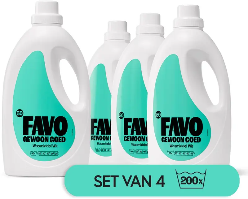 Favo gewoon goed favo wasmiddel - wit – 4 x 50 = 200 wasbeurten – voor stralend wit – effectief vanaf 20 °c – voordeelverpakking