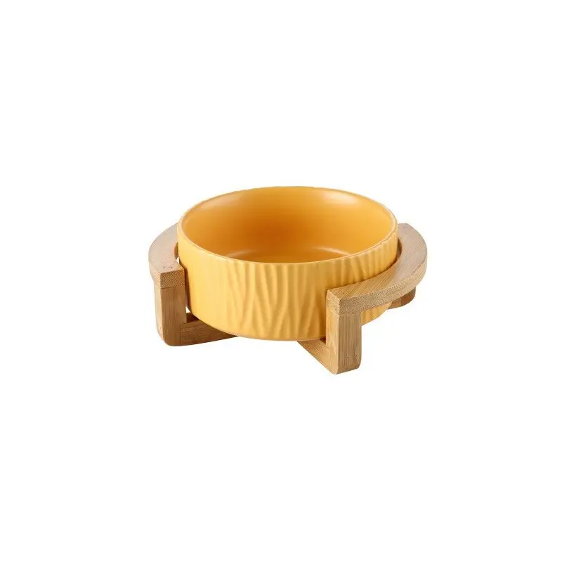 Gamelle pour chat design en céramique avec stries et avec support en bois - Animal Lovers