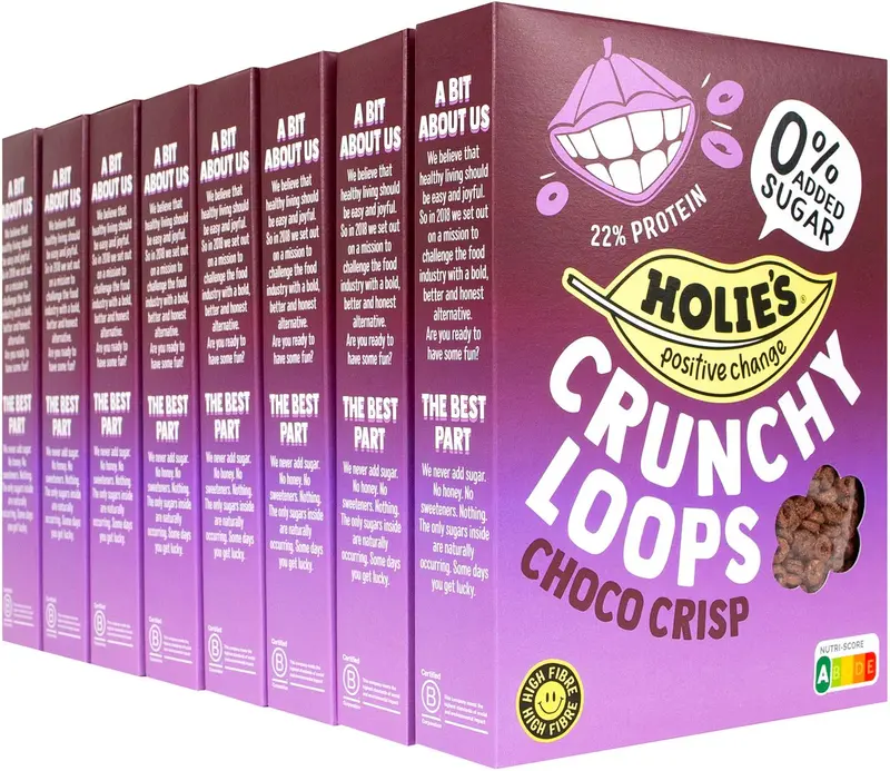 Holie's crunchy loops choco crisp 8x 350gr - ontbijtgranen - suikervrij - gezond - vegan