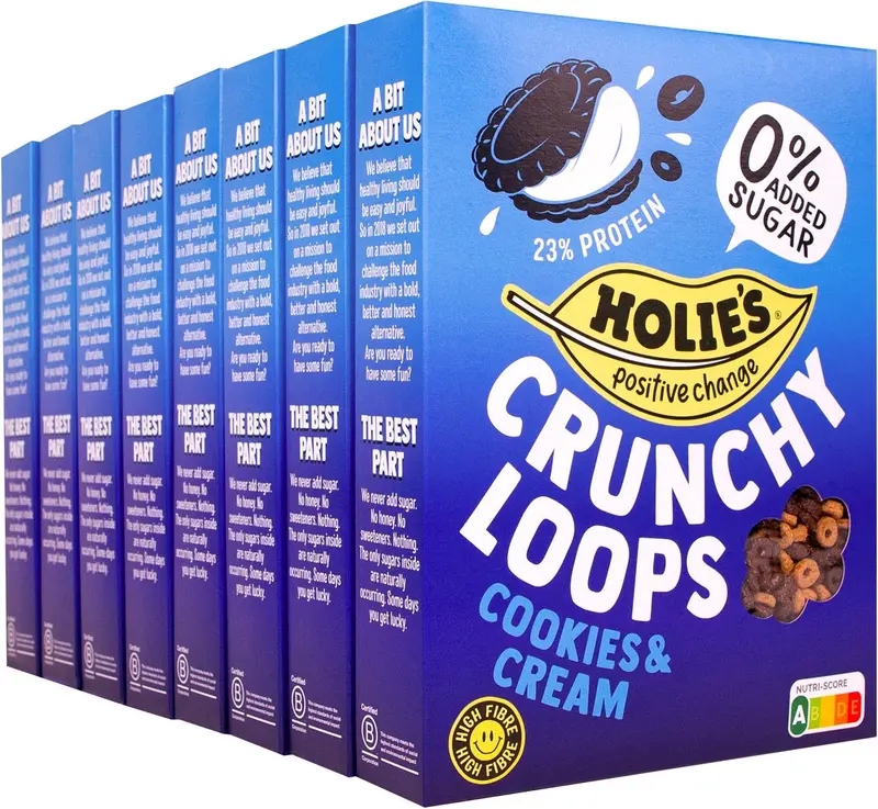 Holie's crunchy loops cookies cream 8x 350gr - ontbijtgranen - suikervrij - gezond - vegan