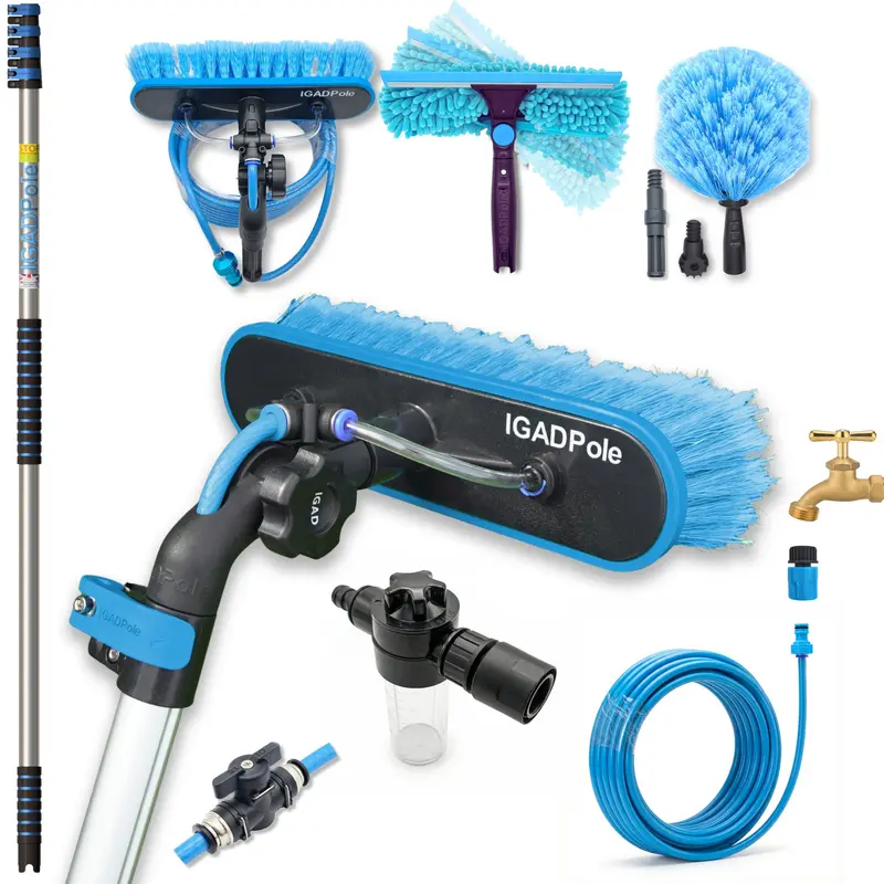 IGADPole 5m (17ft) Telescopic Window Cleaning Pole Kit with Water-Fed Brush, Squeegee & Cobweb Duster