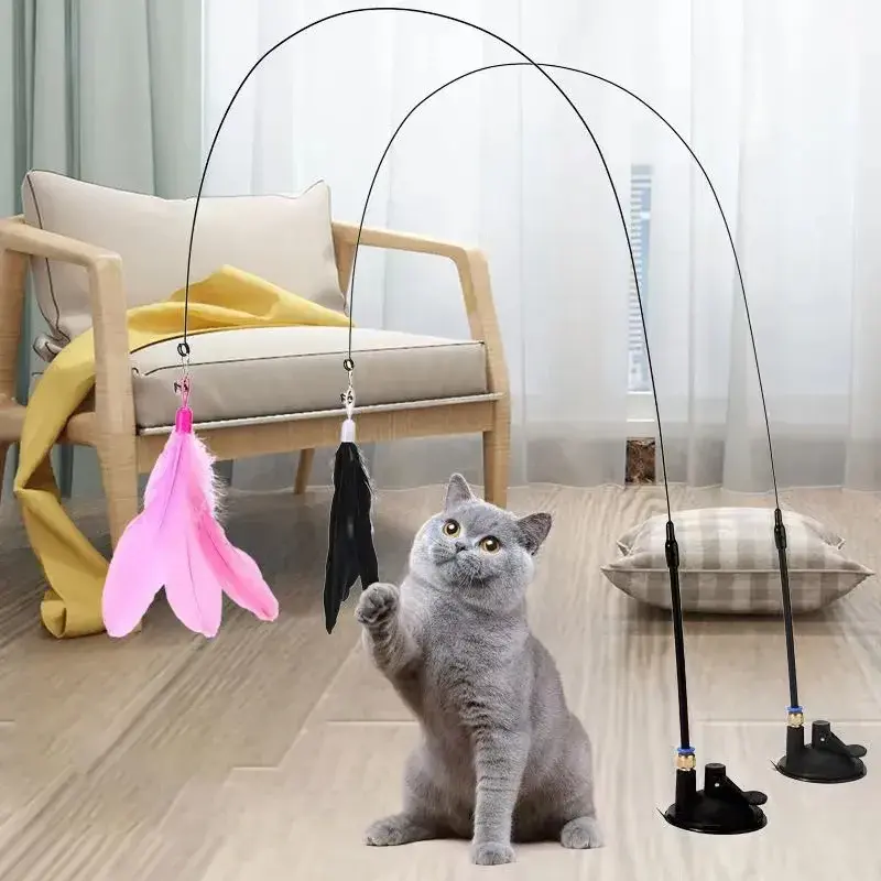 Interactive Cat Feather Toy with Suction Cup – 360° Bouncing Wand Toy with 2 Detachable Feathers for Wall, Floor, or Glass Mounting