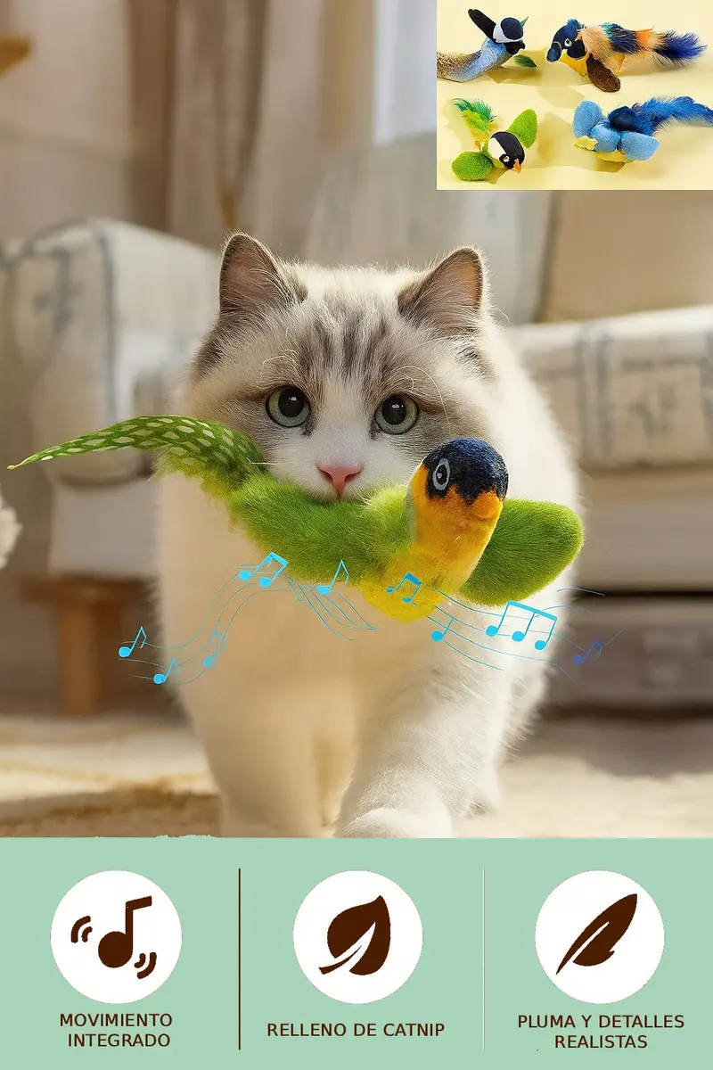 Juguete Interactivo para Gatos con Sonido y Catnip “Birdie Clip”