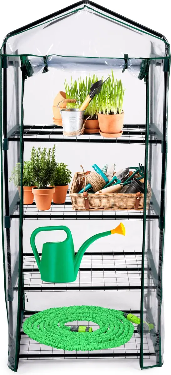 Kinzo broeikas kweekkas 69 x 49 x 160 cm - tuinkas voor groenten kweken - compacte broeikast voor kweekbak met 4 verdiepingen - transparant en groen