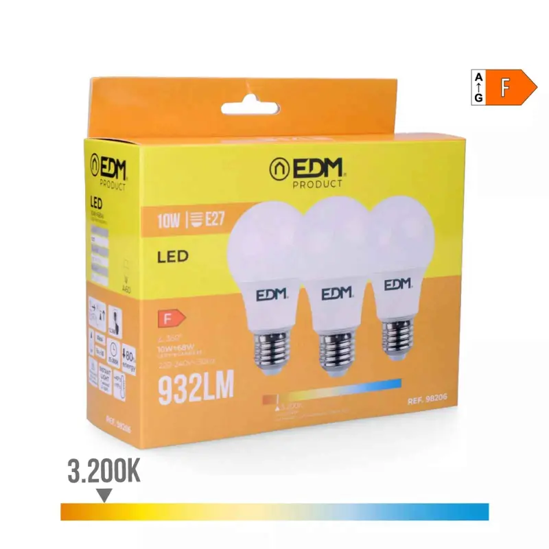 Kit 3 Bombillas Estándar E27 10W 932Lm 3200K Luz Cálida - Ø6 x 10,8 cm