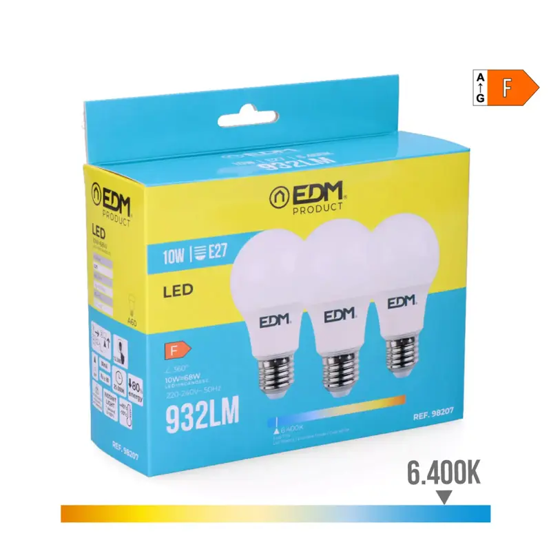 Kit 3 Bombillas Estándar LED E27 10W 932Lm 6400K Luz Fria - Ø6 x 10,8 cm