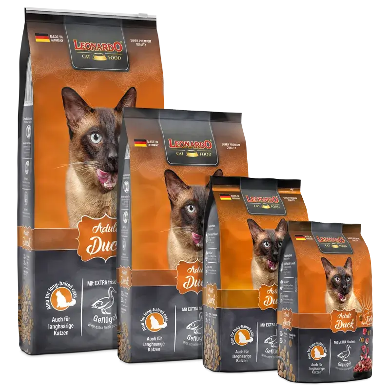 🦆 LEONARDO Adult Duck | Pienso para gatos adultos a partir de 1 año | Ideal para gatos de pelo largo