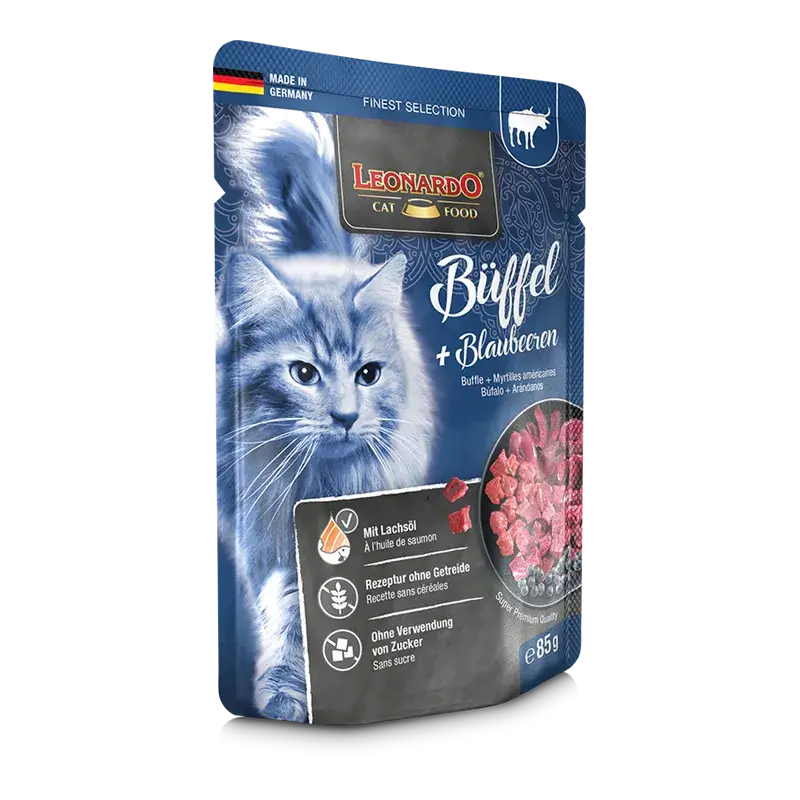🐱 LEONARDO Menu Finest Selection Búfalo y Arándanos – Pack 16x85g | Comida húmeda premium sin cereales para gatos adultos