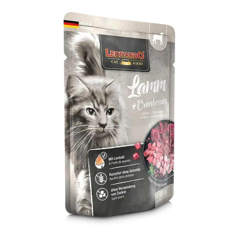 🐱 LEONARDO Menu Finest Selection Cordero y Arándanos Rojos – Pack 16x85g | Alimento húmedo natural sin cereales para gatos adultos