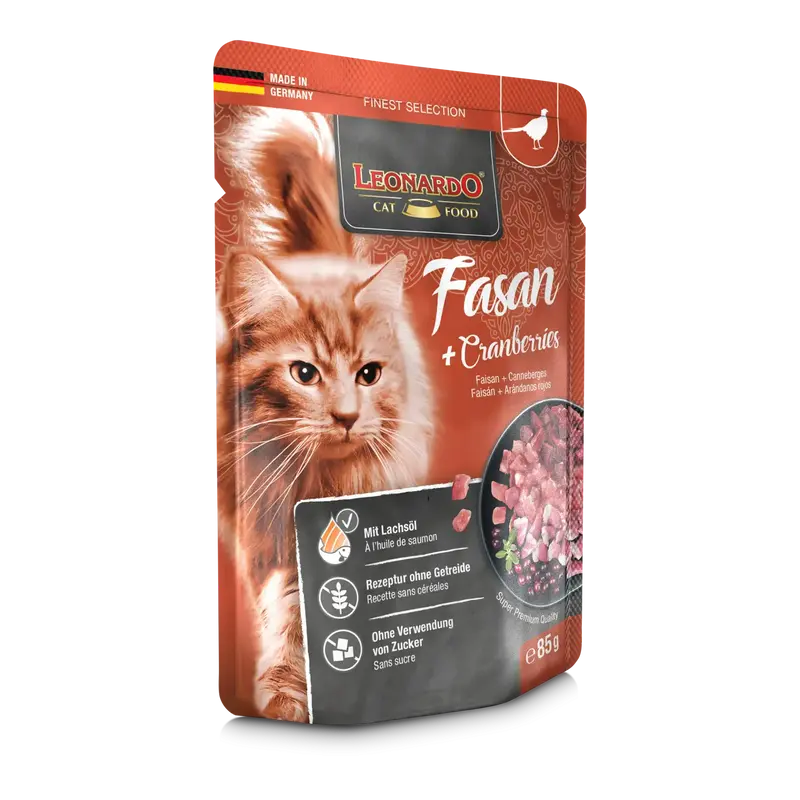 🐱 LEONARDO Menu Finest Selection Faisán y Arándanos Rojos – Pack 16x85g | Comida húmeda natural sin cereales para gatos adultos