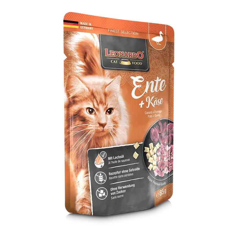 🐱 LEONARDO Menu Finest Selection Pato y Queso – Pack de 16 x 85 g | Comida húmeda sin cereales para gatos adultos