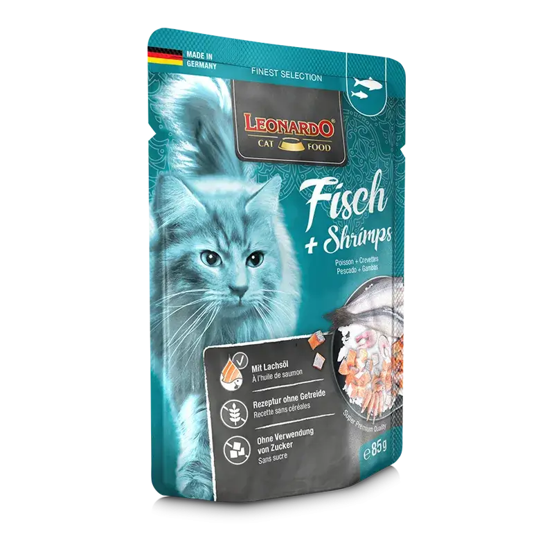 🐟 LEONARDO Menu Finest Selection Pescado y Gambas | Comida húmeda sin cereales para gatos adultos | Pack 16 x 85 g