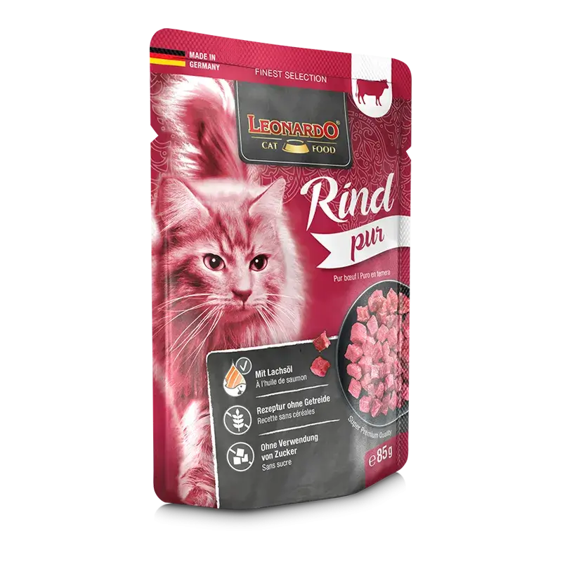 🥩 LEONARDO Menu Finest Selection Puro en Ternera | Comida húmeda natural sin cereales para gatos adultos | Pack 16 x 85 g