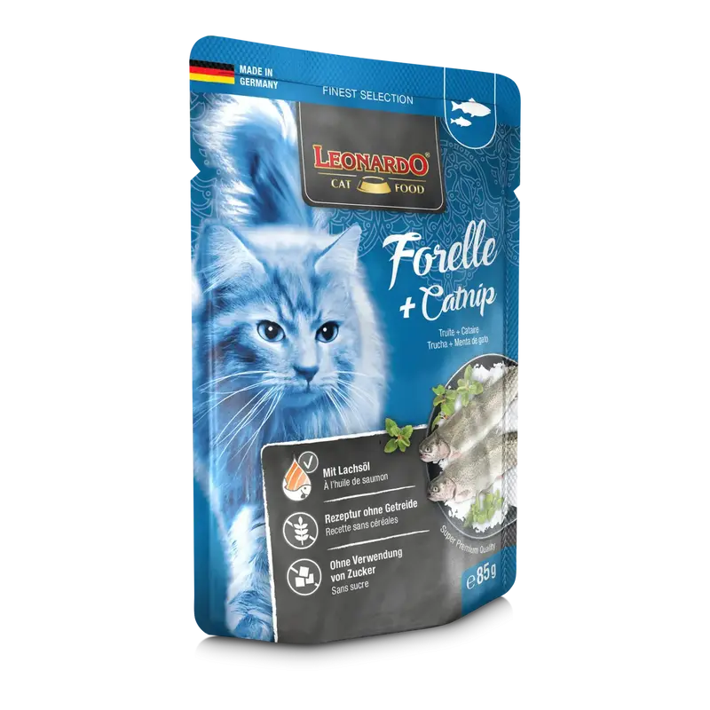 🐟 LEONARDO Menu Finest Selection Trucha y Menta Gatuna – Comida húmeda sin cereales para gatos adultos | Pack de 16 x 85 g