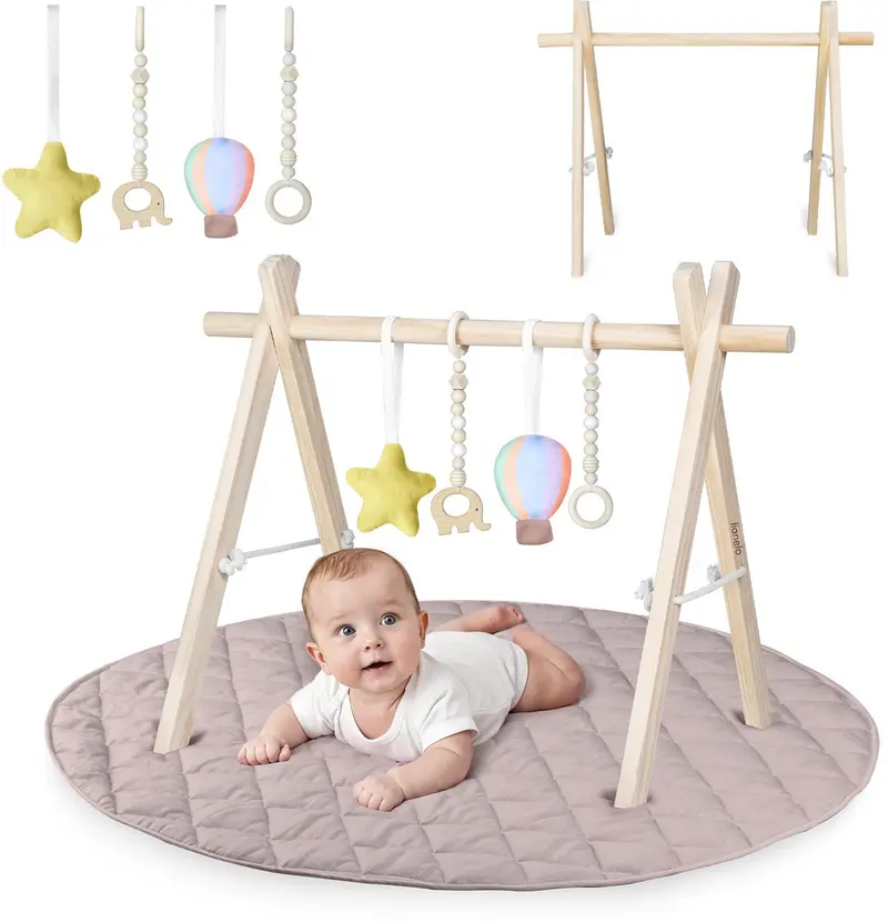 Lionelo anis set – baby speelkleed gym - opvouwbare houten baby gym met zachte katoenen speelmat – montessori baby gym met afneembaar speelgoed – veilig natuurlijke materialen – 0+ maanden