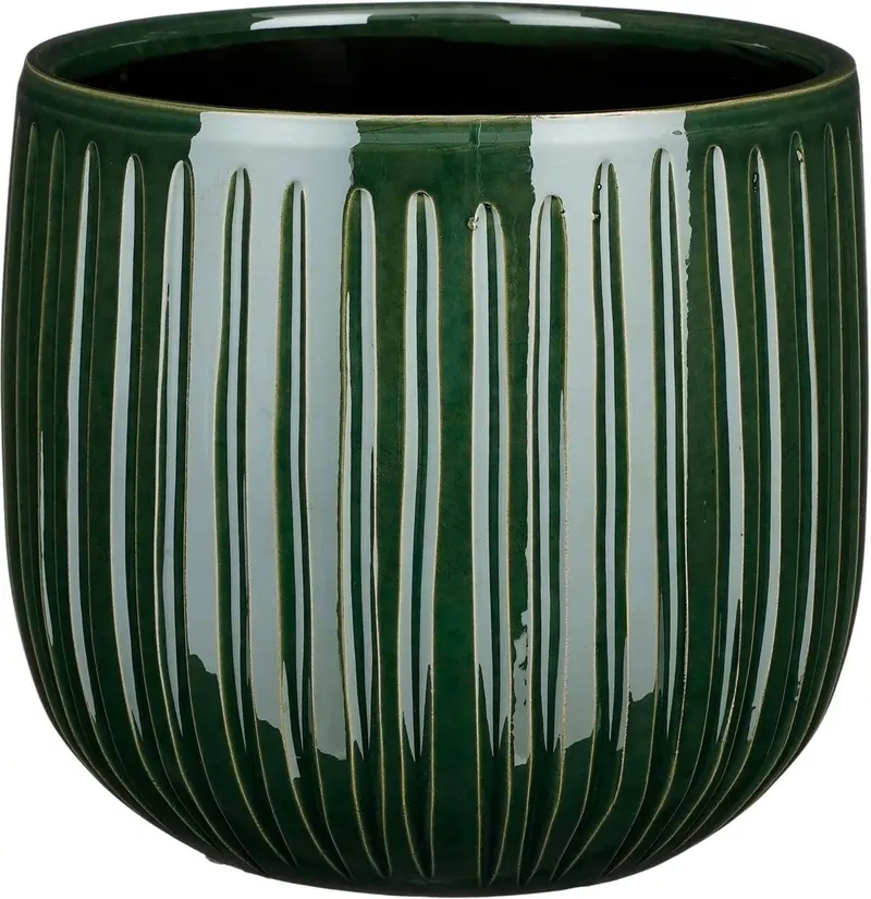 Mica decorations plantenpot - keramiek - donkergroen glans ribbels - d21xh19 cm - bloempot