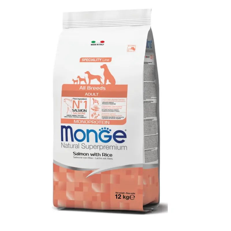 Monge – Cibo per cani adulti monoproteico al salmone con riso 12kg